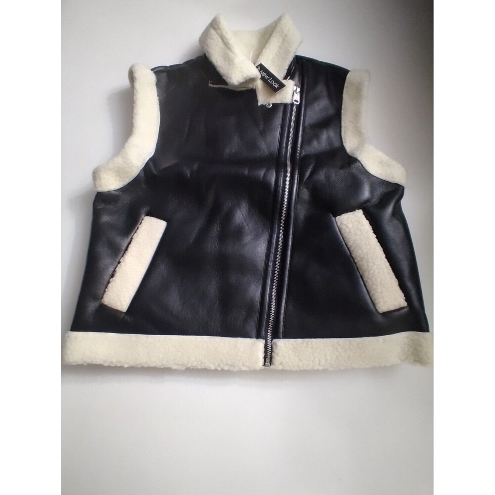 New Look Women's Black Faux Leather Vest with White/Cream Sherpa Trim New Size L